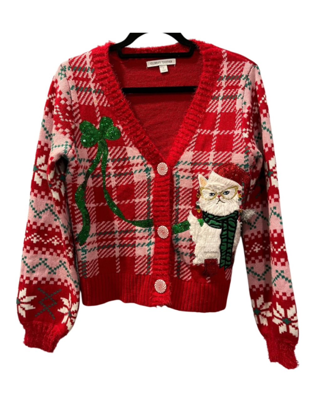 Celebrate Together Cat Ugly Christmas Cardigan Sweater Red Plaid Sequin Sz Small